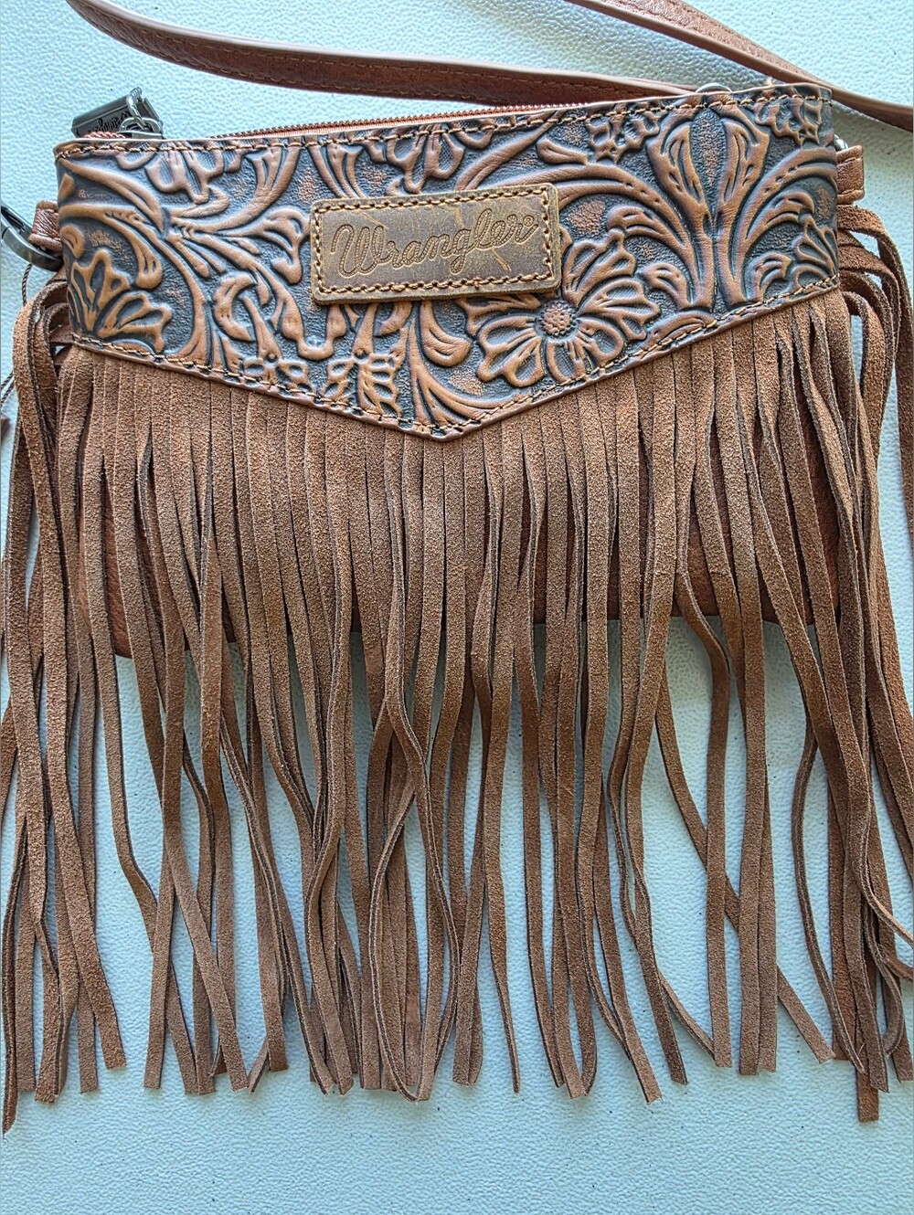 NWT Wrangler Western Tooled Leather Fringe Crossbody Bag Festival Boho Cowgirl - Picture 3 of 11
